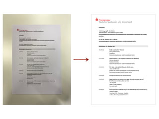 Finanzgruppe
Deutscher Sparkassen- und Giroverband
Programm
Arbeitstagung für Vorstände
„Data Analytics - der Schlüssel zum Kunden“
Vertriebspotenziale aktivieren, Kundenpotenziale ausschöpfen, Mehrwerte für Kunden
schaffen.
am 19./20. Oktober 2017 in Berlin
Veranstaltungsort: Deutscher Sparkassen- und Giroverband, Berlin
Donnerstag, 19. Oktober 2017
10:30 Uhr Rede zu aktuellen Themen
Georg Fahrenschon
Präsident,
Deutscher Sparkassen- und Giroverband, Berlin
11:15 Uhr Data Analytics – das Projekt: Ergebnisse im Überblick
Marcus Waidelich
Direktor Vertrieb,
Deutscher Sparkassen- und Giroverband, Berlin
11:45 Uhr BIG Data – der digitale Weg ins Weiße Haus
Julius von der Laar
Experte für digitale Kampagnen und Strategieberatung/
Wahlkampfmanager Barack Obama, Berlin
12:45 Uhr Mittagessen/Besuch der Fachausstellung
14:00 Uhr Data Analytics im Kontext von Cyber Security und was das mit
Kreditkartenmissbrauch zu tun hat
Jan Pospisil
Head of Data Analytics,
Siemens, Fürth
14:30 Uhr Datengetriebene CRM-Strategie der MediaMarkt Saturn Retail Group
Victoria Franke
Teamlead CRM - Customer Insights,
redblue Marketing GmbH, München
 