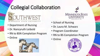 Collegial Collaboration
• Department of Nursing
• Dr. Nancyruth Leibold
• RN to BSN Completion Program
• Online
• School of Nursing
• Dr. Laura M. Schwarz
• Program Coordinator
• RN to BS Completion Program
• Online
 