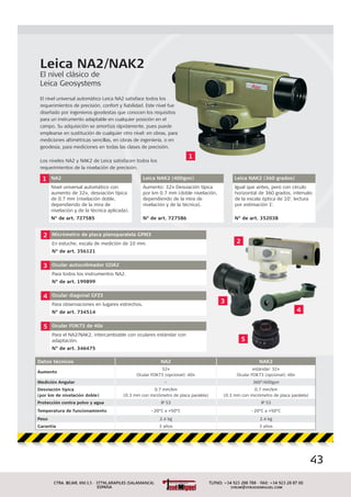 43
Leica NA2/NAK2
El nivel clásico de
Leica Geosystems
Datos técnicos NA2 NAK2
Aumento
32×
Ocular FOK73 (opcional): 40×
estándar: 32×
Ocular FOK73 (opcional): 40×
Medición Angular – 360°/400gon
Desviación típica
(por km de nivelación doble)
0.7 mm/km
(0.3 mm con micrómetro de placa paralela)
0.7 mm/km
(0.3 mm con micrómetro de placa paralela)
Protección contra polvo y agua IP 53 IP 53
Temperatura de funcionamiento –20°C a +50°C –20°C a +50°C
Peso 2.4 kg 2.4 kg
Garantía 3 años 3 años
1 NA2 Leica NAK2 (400gon) Leica NAK2 (360 grados)
Nivel universal automático con
aumento de 32×, desviación típica
de 0.7 mm (nivelación doble,
dependiendo de la mira de
nivelación y de la técnica aplicada).
Aumento: 32× Desviación típica
por km 0.7 mm (doble nivelación,
dependiendo de la mira de
nivelación y de la técnica).
Igual que antes, pero con círculo
horizontal de 360 grados, intervalo
de la escala óptica de 10', lectura
por estimación 1'.
N° de art. 727585 N° de art. 727586 N° de art. 352038
1
2 Micrómetro de placa planoparalela GPM3
En estuche, escala de medición de 10 mm.
N° de art. 356121
3 Ocular autocolimador GOA2
Para todos los instrumentos NA2.
N° de art. 199899
4 Ocular diagonal GFZ3
Para observaciones en lugares estrechos.
N° de art. 734514
5 Ocular FOK73 de 40x
Para el NA2/NAK2, intercambiable con oculares estándar con
adaptación.
N° de art. 346475
2
3
4
5
El nivel universal automático Leica NA2 satisface todos los
requerimientos de precisión, confort y ﬁabilidad. Este nivel fue
diseñado por ingenieros geodestas que conocen los requisitos
para un instrumento adaptable en cualquier posición en el
campo. Su adquisición se amortiza rápidamente, pues puede
emplearse en sustitución de cualquier otro nivel: en obras, para
mediciones altimétricas sencillas, en obras de ingeniería, o en
geodesia, para mediciones en todas las clases de precisión.
Los niveles NA2 y NAK2 de Leica satisfacen todos los
requerimientos de la nivelación de precisión.
 
