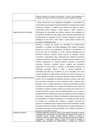 políticas públicas da saúde do Município e dentro dos parâmetros do
Programa de Saúde da Família; desenvolver outras atividades correlatas.
Agente Comunitário de Saúde
Utilizar instrumentos para diagnóstico demográfico e sociocultural da
comunidade de sua atuação; executar atividades de educação para a saúde
individual e coletiva; o registrar, para controle das ações de saúde,
nascimentos, óbitos, doenças e outros agravos à saúde; estimular à
participação da comunidade nas políticas públicas como estratégia da
conquista de qualidade de vida; realizar visitas domiciliares periódicas para
monitoramento de situações de risco à família; participar de ações que
fortaleçam os elos entre o setor saúde e outras políticas públicas que
promovam a qualidade de vida.
Agente de Combate às Endemias
Atualizar o cadastro de imóveis, por intermédio do reconhecimento
geográfico, e o cadastro de Pontos Estratégicos (PE); realizar a pesquisa
larvária em imóveis, para levantamento de índices e descobrimento de
focos, bem como em armadilhas e em PE, conforme orientação técnica;
identificar criadouros contendo formas imaturas do mosquito; orientar
moradores e responsáveis para a eliminação e/ou proteção de possíveis
criadouros; executar a aplicação focal e residual, quando indicado, como
medida complementar ao controle mecânico, aplicando os larvicidas
indicados, conforme orientação técnica; registrar nos formulários
específicos, de forma correta e completa, as informações referentes às
atividades executadas; vistoriar e tratar os imóveis cadastrados e
informados pelo ACS que necessitem do uso de larvicidas, bem como
vistoriar depósitos de difícil acesso informado pelo ACS; encaminhar os
casos suspeitos de dengue a unidade de Atenção Primaria em Saúde, de
acordo com as orientações da Secretaria Municipal de Saúde; atuar junto
aos domicílios, informando os seus moradores sobre a doença, seus
sintomas e riscos, o agente transmissor e medidas de prevenção; promover
reuniões com a comunidade com o objetivo de mobilizá-la para as ações de
prevenção e controle da dengue, sempre que possível em conjunto com a
equipe de APS da sua área; reunir-se sistematicamente com a equipe de
Atenção Primaria em Saúde, para trocar informações sobre febris suspeitos
de dengue, a evolução dos índices de infestação por Aedes aegypti da área
de abrangência, os índices de pendências e as medidas que estão sendo,
ou deverão ser, adotadas para melhorar a situação; comunicar ao
supervisor os obstáculos para a execução de sua rotina de trabalho, durante
as visitas domiciliares; registrar, sistematicamente, as ações realizadas nos
formulários apropriados, conforme já referido, com o objetivo de alimentar o
sistema de informações vetoriais.
Auxiliar de Farmácia Trabalho qualificado na área de saúde, que consiste em organizar e manter
eficientemente o atendimento e a organização de farmácia. Entre outras, as
atividades incluem: receber, entregar, guardar, distribuir e controlar a
entrada e saída de medicamentos, após autorização competente, segundo
requisições e prescrições; elaborar mapas de controle de estoque e
listagem para aquisição de medicamentos e material de consumo
 