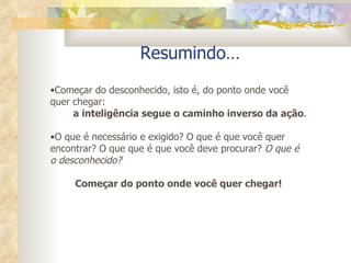 Resumindo… Começar do desconhecido, isto é, do ponto onde você quer chegar:  a inteligência segue o caminho inverso da ação . O que é necessário e exigido? O que é que você quer encontrar? O que que é que você deve procurar?  O que é o desconhecido? Começar do ponto onde você quer chegar! 