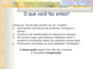 O que você fez antes? Chama-se “construção mental” de um “modelo”: Você tomou consciência do problema. Começou a pensar. Construiu um modelo ideal da máquina ou situação. Em terceiro lugar você elaborou hipóteses sobre o problema (simulações ideais das possíveis causas dele) Finalmente você testou as suas hipóteses. (Validação) A  observação  sugere mas não dá a resposta.  É necessário  imaginação . 