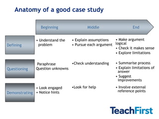 Anatomy of a good case study

                 Beginning                Middle                  End


              • Understand the   • Explain assumptions  • Make argument
Defining       problem           • Pursue each argument logical
                                                        • Check it makes sense
                                                        • Explore limitations

              Paraphrase        •Check understanding    • Summarise process
Questioning   Question unknowns                         • Explain limitations of
                                                         answer
                                                        • Suggest
                                                         improvements

              • Look engaged     •Look for help         • Involve external
Demonstrating • Notice hints                             reference points
 