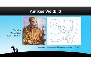 Antikes Weltbild



     Claudius
   Ptolemäus,
100-175 n.Chr.




                     Wikimedia Mathematiké Sýntaxis (= Almagest), ca. 146
 