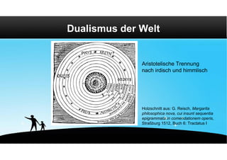 Dualismus der Welt


              Aristotelische Trennung
              nach irdisch und himmlisch




              Holzschnitt aus: G. Reisch, Margarita
              philosophica nova, cui insunt sequentia
              epigrammata in comendationem operis,
              Straßburg 1512, Buch 6: Tractatus I
 