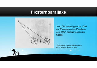 Fixsternparallaxe


            John Flamsteed glaubte 1698
            am Polarstern eine Parallaxe
            von 1/90° nachgewiesen zu
            haben.



            John Wallis, Opera mathematica,
            Bd. 3, Oxford 1699, S. 706
 