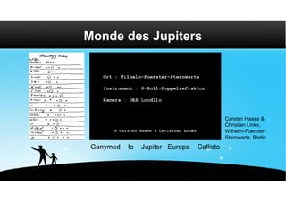 Monde des Jupiters




                                            Carsten Haase &
                                            Christian Linke,
                                            Wilhelm-Foerster-
                                            Sternwarte, Berlin
 Ganymed   Io   Jupiter Europa   Callisto
 