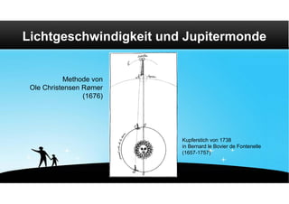 Lichtgeschwindigkeit und Jupitermonde


            Methode von
 Ole Christensen Rømer
                 (1676)




                          Kupferstich von 1738
                          in Bernard le Bovier de Fontenelle
                          (1657-1757)
 