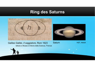 Ring des Saturns




Galileo Galilei, Il saggiatore, Rom 1623                   Saturn   HST, NASA
       Istituto e Museo di Storia della Scienza, Firenze
 