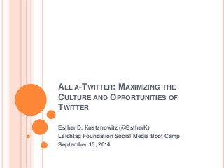 ALL A-TWITTER: MAXIMIZING THE 
CULTURE AND OPPORTUNITIES OF 
TWITTER 
Esther D. Kustanowitz (@EstherK) 
Leichtag Foundation Social Media Boot Camp 
September 15, 2014 
 