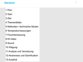Überblick
1 Pain
2 Gain
3 Ziel
4 Themenfelder
5 Methoden / technische Säulen
6 Temperaturmessungen
7 Feuchtemessung
8 KI-Video
9 Sound
10 Wägung
11 Analyse und Vernetzung
12 Awareness und Gamification
13 Ausblick
2
 