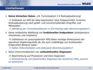 Wissenschaftliches Institut der AOK
© WIdO 2015
Limitationen
9. NQK Gesundheit, 04.12.2015, Berlin 16
• Keine klinischen Daten, z.B. Tumorstadium ( Risikoadjustierung)
 Indikation zur RPE bei lokal begrenzten/ lokal fortgeschritten Tumoren,
Risikoadjustierung nach gefäß- und nervenerhaltenden Eingriffen und
Metastasen
 Abbildung der Tumorklassifikation in ICD-Katalog oder Abrechnungsdaten?
• Keine verlässliche Abbildung von funktionellen Endpunkten (postoperative
Inkontinenz und Impotenz)
 Indikatoren im Leistungsbereich RPE bilden wichtige Dimensionen der
operativen Ergebnisqualität ab, die auch unabhängig von funktionellen
Endpunkten Bestand haben
 Helfen Hilfsmitteldaten und ambulante Abrechnungsdaten?
• Keine Unterscheidbarkeit von vorbestehenden Diagnosen
 Beschränkung auf Prozeduren und klare Diagnosen
 Kennzeichnung von bestehenden Diagnosen bei Aufnahme (POA, present
on admission)
 