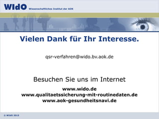 © WIdO 2015
Wissenschaftliches Institut der AOK
Vielen Dank für Ihr Interesse.
qsr-verfahren@wido.bv.aok.de
Besuchen Sie uns im Internet
www.wido.de
www.qualitaetssicherung-mit-routinedaten.de
www.aok-gesundheitsnavi.de
 