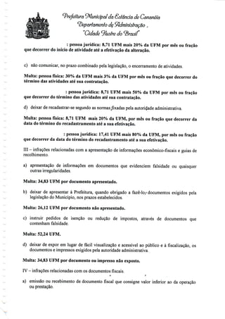 Prefeitura Municipal da Estância de Cananéía
departamento d% Administração f
"Cidade ^lustre do<3 W
: pessoa jurídica: 8,71 UFM mais 20% da UFM por mês ou fração
que decorrer do início de atividade até a efetivação da alteração.
c) não comunicar, no prazo combinado pela legislação, o encerramento de atividades.
Multa: pessoa física: 30% da UFM mais 3% da UFM por mês ou fração que decorrer do
término das atividades até sua contratação.
: pessoa jurídica: 8,71 UFM mais 50% da UFM por mês ou fração
que decorrer do término das atividades até sua contratação.
d) deixar de recadastrar-se segundo as normas^xadas pela autoridade administrativa.
Multa: pessoa física: 8,71 UFM mais 20% da UFM, por mês ou fração que decorrer da
data do término do recadastramento até a sua efetivação.
: pessoa jurídica: 17,41 UFM mais 80% da UFM, por mês ou fração
que decorrer da data do término do recadastramento até a sua efetivação.
III - infrações relacionadas com a apresentação de informações econômico-fiscais e guias de
recolhimento.
a) apresentação de informações em documentos que evidenciem falsidade ou quaisquer
outras irregularidades.
Multa: 34,83 UFM por documento apresentado.
b) deixar de apresentar à Prefeitura, quando obrigado a fazê-lo/ documentos exigidos pela
legislação do Município, nos prazos estabelecidos.
Multa: 26,12 UFM por documento não apresentado.
c) instruir pedidos de isenção ou redução de impostos, através de documentos que
contenham falsidade.
Multa: 52,24 UFM.
d) deixar de expor em lugar de fácil visualização e acessível ao público e à fiscalização, os
documentos e impressos exigidos pela autoridadeadministrativa.
Multa: 34,83 UFM por documento ou impresso não exposto.
IV - infrações relacionadas com osdocumentos fiscais.
v f
a) emissão ou recebimento de documento fiscal que consigne valor inferior ao da operação
ou prestação.
 