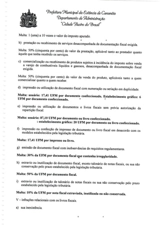 Prefeitura Municipal da Sstâncía de Cananéía
departamento de Administração
"Cidade ilustre do ^rasíí
Multa: l (uma) a 10 vezes o valor do impostoapurado.
o »•
b) prestação ou recebimento de serviços desacompanhadade documentação fiscal exigida.
Multa: 50% (cinquenta por cento) do valor da prestação, aplicável tanto ao prestador quanto
àquele que tenha recebido os serviços.
c) comercialização ou recebimento de produtos sujeitos à incidência do imposto sobre venda
a varejo de combustíveis líquidos e gasosos, desacompanhada de documentação fiscal
exigida.
Multa: 50% (cinquenta por cento) do valor da venda do produto, aplicáveis tanto a quem
comercializar quanto a quem receber.
d) impressão ou utilização de documento fiscal com numeração ou seriação em duplicidade.
Multa: usuário: 17,41 UFM por documento confeccionado. Estabelecimento gráfico: 6
UFM por documento confeccionado. *
e) impressão ou utilização de documentos e livros fiscais sem prévia autorização da
repartição fiscal.
Multa: usuário: 87,10 UFM por documento ou livro confeccionado.
: estabelecimento gráfico: 20 UFM por documento ou livro confeccionado.
f) impressão ou confecção de impresso de documento ou livro fiscal em desacordo com os
modelos estabelecidos pela legislação tributária.
Multa: 17,41 UFM por impresso ou livro.
g) emissão de documento fiscal com inobservâncias de requisitos regulamentares.
Multa: 30% da UFM por documento fiscal que contenha irregularidade.
h) extravio ou inutilização de documento fiscal, exceto talonário de notas fiscais, ou sua não
conservação pelo prazo estabelecido pela legislação tributária.
Multa: 50% da UFM por documentofiscal.
i) extravio ou inutilização de talonário de notas fiscais ou sua não conservação pelo prazo
estabelecido pela legislação tributária.
Multa: 10% da UFM por nota fiscal extraviada, inutilizada ou não conservada.
V - infrações relacionais comoslivros fiscais.
a) sua inexistência.
 