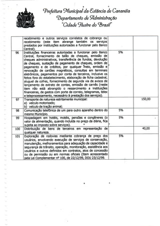 Prefeitura Municipal da Sstanda de Cananéía
^Departamento de Administração
Cidade ^lustre do
recebimento e outros serviços correlates de cobrança ou
recebimento (este item abrange também os serviços
prestados por instituições autorizadas a funcionar pelo Banco
Central).
96 Instituições financeiras autorizadas a funcionar pelo Banco
Central, fornecimento de talão de cheques, emissão de
cheques administrativos, transferência de fundos, devolução
de cheques, sustação de pagamento de cheques, ordem de
pagamento e de créditos, por qualquer meio, emissão e
renovação de cartões magnéticos, consultas em terminais
eletrônicos, pagamentos por conta de terceiros, inclusive os
feitos fora do estabelecimento, elaboração de ficha cadastral,
aluguel de cofres, fornecimento de segunda via de avisos de
lançamento de extrato de contas, emissão de carnes (neste
item não está abrangido o ressarcimento a instituições
financeiras, de gastos com porte de correio, telegramas, telex
e teleprocessamento, necessário à prestação dos serviços).
5%
97 Transporte de natureza estritamente municipal:
a) veículo motorizado;
b) veículo de tração animal;
150,00
Comunicação telefónica de um para outro aparelho dentro do
mesmo Município.
98 5%
99 Hospedagem em hotéis, motéis, pensões e congéneres (o
valor da alimentação, quando incluída no preço da diária, fica
sujeita ao imposto sobre serviços). °
5%
100 Distribuição de bens de terceiros em representação de
qualquer natureza.
40,00
101 Exploração de rodovias mediante cobrança de preço dos
usuários, envolvendo execução de serviços de conservação,
manutenção, melhoramentos para adequaçãode capacidadee
segurança de trânsito, operação, monitoração, assistênciaaos
usuários e outros definidos em contratos, atos de concessão
ou de permissão ou em normas oficiais (Item acrescentado
pela Lei Complementar n° 100, de 22/12/99, DOU 23/12/99.
5%
 