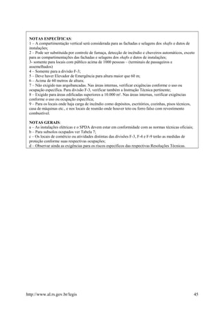 NOTAS ESPECÍFICAS:
1 – A compartimentação vertical será considerada para as fachadas e selagens dos shafts e dutos de
instalações;
2 – Pode ser substituída por controle de fumaça, detecção de incêndio e chuveiros automáticos, exceto
para as compartimentações das fachadas e selagens dos shafts e dutos de instalações;
3- somente para locais com público acima de 1000 pessoas – (terminais de passageiros e
assemelhados)
4 – Somente para a divisão F-3;
5 – Deve haver Elevador de Emergência para altura maior que 60 m;
6 – Acima de 60 metros de altura;
7 – Não exigido nas arquibancadas. Nas áreas internas, verificar exigências conforme o uso ou
ocupação específica. Para divisão F-3, verificar também a Instrução Técnica pertinente;
8 – Exigido para áreas edificadas superiores a 10.000 m². Nas áreas internas, verificar exigências
conforme o uso ou ocupação específica;
9 – Para os locais onde haja carga de incêndio como depósitos, escritórios, cozinhas, pisos técnicos,
casa de máquinas etc., e nos locais de reunião onde houver teto ou forro falso com revestimento
combustível.
NOTAS GERAIS:
a – As instalações elétricas e o SPDA devem estar em conformidade com as normas técnicas oficiais;
b – Para subsolos ocupados ver Tabela 7;
c – Os locais de comércio ou atividades distintas das divisões F-3, F-4 e F-9 terão as medidas de
proteção conforme suas respectivas ocupações;
d – Observar ainda as exigências para os riscos específicos das respectivas Resoluções Técnicas.
http://www.al.rs.gov.br/legis 45
 