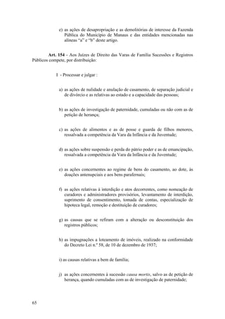 e) as ações de desapropriação e as demolitórias de interesse da Fazenda
Pública do Município de Manaus e das entidades mencionadas nas
alíneas “a” e “b” deste artigo.
Art. 154 - Aos Juízes de Direito das Varas de Família Sucessões e Registros
Públicos compete, por distribuição:
I - Processar e julgar :
a) as ações de nulidade e anulação de casamento, de separação judicial e
de divórcio e as relativas ao estado e a capacidade das pessoas;
b) as ações de investigação de paternidade, cumuladas ou não com as de
petição de herança;
c) as ações de alimentos e as de posse e guarda de filhos menores,
ressalvada a competência da Vara da Infância e da Juventude;
d) as ações sobre suspensão e perda do pátrio poder e as de emancipação,
ressalvada a competência da Vara da Infância e da Juventude;
e) as ações concernentes ao regime de bens do casamento, ao dote, às
doações antenupciais e aos bens parafernais;
f) as ações relativas à interdição e atos decorrentes, como nomeação de
curadores e administradores provisórios, levantamento de interdição,
suprimento de consentimento, tomada de contas, especialização de
hipoteca legal, remoção e destituição de curadores;
g) as causas que se refiram com a alteração ou desconstituição dos
registros públicos;
h) as impugnações a loteamento de imóveis, realizado na conformidade
do Decreto Lei n.º 58, de 10 de dezembro de 1937;
i) as causas relativas a bem de família;
j) as ações concernentes à sucessão causa mortis, salvo as de petição de
herança, quando cumuladas com as de investigação de paternidade;
65
 