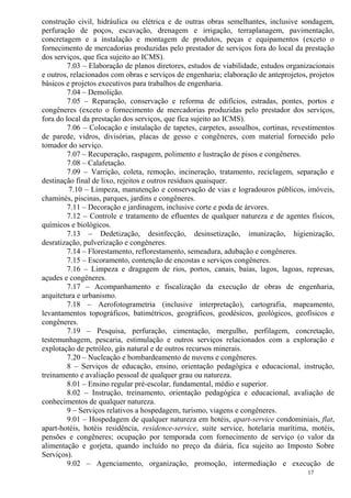 17
construção civil, hidráulica ou elétrica e de outras obras semelhantes, inclusive sondagem,
perfuração de poços, escavação, drenagem e irrigação, terraplanagem, pavimentação,
concretagem e a instalação e montagem de produtos, peças e equipamentos (exceto o
fornecimento de mercadorias produzidas pelo prestador de serviços fora do local da prestação
dos serviços, que fica sujeito ao ICMS).
7.03 – Elaboração de planos diretores, estudos de viabilidade, estudos organizacionais
e outros, relacionados com obras e serviços de engenharia; elaboração de anteprojetos, projetos
básicos e projetos executivos para trabalhos de engenharia.
7.04 – Demolição.
7.05 – Reparação, conservação e reforma de edifícios, estradas, pontes, portos e
congêneres (exceto o fornecimento de mercadorias produzidas pelo prestador dos serviços,
fora do local da prestação dos serviços, que fica sujeito ao ICMS).
7.06 – Colocação e instalação de tapetes, carpetes, assoalhos, cortinas, revestimentos
de parede, vidros, divisórias, placas de gesso e congêneres, com material fornecido pelo
tomador do serviço.
7.07 – Recuperação, raspagem, polimento e lustração de pisos e congêneres.
7.08 – Calafetação.
7.09 – Varrição, coleta, remoção, incineração, tratamento, reciclagem, separação e
destinação final de lixo, rejeitos e outros resíduos quaisquer.
7.10 – Limpeza, manutenção e conservação de vias e logradouros públicos, imóveis,
chaminés, piscinas, parques, jardins e congêneres.
7.11 – Decoração e jardinagem, inclusive corte e poda de árvores.
7.12 – Controle e tratamento de efluentes de qualquer natureza e de agentes físicos,
químicos e biológicos.
7.13 – Dedetização, desinfecção, desinsetização, imunização, higienização,
desratização, pulverização e congêneres.
7.14 – Florestamento, reflorestamento, semeadura, adubação e congêneres.
7.15 – Escoramento, contenção de encostas e serviços congêneres.
7.16 – Limpeza e dragagem de rios, portos, canais, baías, lagos, lagoas, represas,
açudes e congêneres.
7.17 – Acompanhamento e fiscalização da execução de obras de engenharia,
arquitetura e urbanismo.
7.18 – Aerofotogrametria (inclusive interpretação), cartografia, mapeamento,
levantamentos topográficos, batimétricos, geográficos, geodésicos, geológicos, geofísicos e
congêneres.
7.19 – Pesquisa, perfuração, cimentação, mergulho, perfilagem, concretação,
testemunhagem, pescaria, estimulação e outros serviços relacionados com a exploração e
explotação de petróleo, gás natural e de outros recursos minerais.
7.20 – Nucleação e bombardeamento de nuvens e congêneres.
8 – Serviços de educação, ensino, orientação pedagógica e educacional, instrução,
treinamento e avaliação pessoal de qualquer grau ou natureza.
8.01 – Ensino regular pré-escolar, fundamental, médio e superior.
8.02 – Instrução, treinamento, orientação pedagógica e educacional, avaliação de
conhecimentos de qualquer natureza.
9 – Serviços relativos a hospedagem, turismo, viagens e congêneres.
9.01 – Hospedagem de qualquer natureza em hotéis, apart-service condominiais, flat,
apart-hotéis, hotéis residência, residence-service, suite service, hotelaria marítima, motéis,
pensões e congêneres; ocupação por temporada com fornecimento de serviço (o valor da
alimentação e gorjeta, quando incluído no preço da diária, fica sujeito ao Imposto Sobre
Serviços).
9.02 – Agenciamento, organização, promoção, intermediação e execução de
 