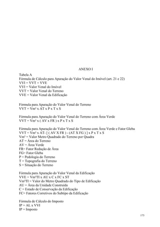 175
ANEXO I
Tabela A
Fórmula de Cálculo para Apuração do Valor Venal do Imóvel (art. 21 e 22)
VVI = VVT + VVE
VVI = Valor Venal do Imóvel
VVT = Valor Venal do Terreno
VVE = Valor Venal da Edificação
Fórmula para Apuração do Valor Venal do Terreno
VVT = Vm² x AT x P x T x S
Fórmula para Apuração do Valor Venal do Terreno com Área Verde
VVT = Vm² x ( AV x FR ) x P x T x S
Fórmula para Apuração do Valor Venal do Terreno com Área Verde e Fator Gleba
VVT = Vm² x AT- [ ( AV X FR ) - (AT X FG ) ] x P x T x S
Vm² = Valor Metro Quadrado do Terreno por Quadra
AT = Área do Terreno
AV = Área Verde
FR= Fator Redução de Área
FG= Fator Gleba
P = Pedologia do Terreno
T = Topografia do Terreno
S = Situação do Terreno
Fórmula para Apuração do Valor Venal da Edificação
VVE = Vm²TI x AU x C x FC x ST
Vm²TI = Valor do Metro Quadrado do Tipo de Edificação
AU = Área da Unidade Construída
C = Estado de Conservação da Edificação
FC= Fatores Corretivos do Subtipo da Edificação
Fórmula de Cálculo do Imposto
IP = AL x VVI
IP = Imposto
 