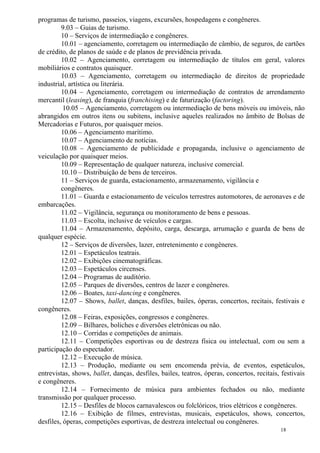 18
programas de turismo, passeios, viagens, excursões, hospedagens e congêneres.
9.03 – Guias de turismo.
10 – Serviços de intermediação e congêneres.
10.01 – agenciamento, corretagem ou intermediação de câmbio, de seguros, de cartões
de crédito, de planos de saúde e de planos de previdência privada.
10.02 – Agenciamento, corretagem ou intermediação de títulos em geral, valores
mobiliários e contratos quaisquer.
10.03 – Agenciamento, corretagem ou intermediação de direitos de propriedade
industrial, artística ou literária.
10.04 – Agenciamento, corretagem ou intermediação de contratos de arrendamento
mercantil (leasing), de franquia (franchising) e de faturização (factoring).
10.05 – Agenciamento, corretagem ou intermediação de bens móveis ou imóveis, não
abrangidos em outros itens ou subitens, inclusive aqueles realizados no âmbito de Bolsas de
Mercadorias e Futuros, por quaisquer meios.
10.06 – Agenciamento marítimo.
10.07 – Agenciamento de notícias.
10.08 – Agenciamento de publicidade e propaganda, inclusive o agenciamento de
veiculação por quaisquer meios.
10.09 – Representação de qualquer natureza, inclusive comercial.
10.10 – Distribuição de bens de terceiros.
11 – Serviços de guarda, estacionamento, armazenamento, vigilância e
congêneres.
11.01 – Guarda e estacionamento de veículos terrestres automotores, de aeronaves e de
embarcações.
11.02 – Vigilância, segurança ou monitoramento de bens e pessoas.
11.03 – Escolta, inclusive de veículos e cargas.
11.04 – Armazenamento, depósito, carga, descarga, arrumação e guarda de bens de
qualquer espécie.
12 – Serviços de diversões, lazer, entretenimento e congêneres.
12.01 – Espetáculos teatrais.
12.02 – Exibições cinematográficas.
12.03 – Espetáculos circenses.
12.04 – Programas de auditório.
12.05 – Parques de diversões, centros de lazer e congêneres.
12.06 – Boates, taxi-dancing e congêneres.
12.07 – Shows, ballet, danças, desfiles, bailes, óperas, concertos, recitais, festivais e
congêneres.
12.08 – Feiras, exposições, congressos e congêneres.
12.09 – Bilhares, boliches e diversões eletrônicas ou não.
12.10 – Corridas e competições de animais.
12.11 – Competições esportivas ou de destreza física ou intelectual, com ou sem a
participação do espectador.
12.12 – Execução de música.
12.13 – Produção, mediante ou sem encomenda prévia, de eventos, espetáculos,
entrevistas, shows, ballet, danças, desfiles, bailes, teatros, óperas, concertos, recitais, festivais
e congêneres.
12.14 – Fornecimento de música para ambientes fechados ou não, mediante
transmissão por qualquer processo.
12.15 – Desfiles de blocos carnavalescos ou folclóricos, trios elétricos e congêneres.
12.16 – Exibição de filmes, entrevistas, musicais, espetáculos, shows, concertos,
desfiles, óperas, competições esportivas, de destreza intelectual ou congêneres.
 