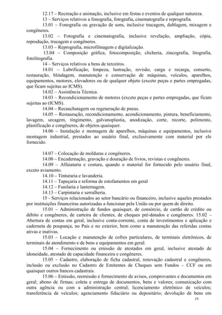 19
12.17 – Recreação e animação, inclusive em festas e eventos de qualquer natureza.
13 – Serviços relativos a fonografia, fotografia, cinematografia e reprografia.
13.01 – Fonografia ou gravação de sons, inclusive trucagem, dublagem, mixagem e
congêneres.
13.02 – Fotografia e cinematografia, inclusive revelação, ampliação, cópia,
reprodução, trucagem e congêneres.
13.03 – Reprografia, microfilmagem e digitalização.
13.04 – Composição gráfica, fotocomposição, clicheria, zincografia, litografia,
fotolitografia.
14 – Serviços relativos a bens de terceiros.
14.01 – Lubrificação, limpeza, lustração, revisão, carga e recarga, conserto,
restauração, blindagem, manutenção e conservação de máquinas, veículos, aparelhos,
equipamentos, motores, elevadores ou de qualquer objeto (exceto peças e partes empregadas,
que ficam sujeitas ao ICMS).
14.02 – Assistência Técnica.
14.03 – Recondicionamento de motores (exceto peças e partes empregadas, que ficam
sujeitas ao (ICMS).
14.04 – Recauchutagem ou regeneração de pneus.
14.05 – Restauração, recondicionamento, acondicionamento, pintura, beneficiamento,
lavagem, secagem, tingimento, galvanoplastia, anodização, corte, recorte, polimento,
plastificação e congêneres, de objetos quaisquer.
14.06 – Instalação e montagem de aparelhos, máquinas e equipamentos, inclusive
montagem industrial, prestados ao usuário final, exclusivamente com material por ele
fornecido.
14.07 – Colocação de molduras e congêneres.
14.08 – Encadernação, gravação e douração de livros, revistas e congêneres.
14.09 – Alfaiataria e costura, quando o material for fornecido pelo usuário final,
exceto aviamento.
14.10 – Tinturaria e lavanderia.
14.11 – Tapeçaria e reforma de estofamentos em geral
14.12 – Funilaria e lanternagem.
14.13 – Carpintaria e serralheria.
15 - Serviços relacionados ao setor bancário ou financeiro, inclusive aqueles prestados
por instituições financeiras autorizadas a funcionar pela União ou por quem de direito.
15.01 – Administração de fundos quaisquer, de consórcio, de cartão de crédito ou
débito e congêneres, de carteira de clientes, de cheques pré-datados e congêneres. 15.02 –
Abertura de contas em geral, inclusive conta-corrente, conta de investimentos e aplicação e
caderneta de poupança, no País e no exterior, bem como a manutenção das referidas contas
ativas e inativas.
15.03 – Locação e manutenção de cofres particulares, de terminais eletrônicos, de
terminais de atendimento e de bens e equipamentos em geral.
15.04 – Fornecimento ou emissão de atestados em geral, inclusive atestado de
idoneidade, atestado de capacidade financeira e congêneres.
15.05 – Cadastro, elaboração de ficha cadastral, renovação cadastral e congêneres,
inclusão ou exclusão no Cadastro de Emitentes de Cheques sem Fundos – CCF ou em
quaisquer outros bancos cadastrais.
15.06 – Emissão, reemissão e fornecimento de avisos, comprovantes e documentos em
geral; abono de firmas; coleta e entrega de documentos, bens e valores; comunicação com
outra agência ou com a administração central; licenciamento eletrônico de veículos;
transferência de veículos; agenciamento fiduciário ou depositário; devolução de bens em
 