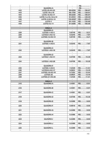 192
R$ -
QUADRA A R$ -
442 LOTE 20 AO 23 96.6256 R$ 196.87
443 LOTE 18 e 19 68.1790 R$ 138.91
444 LOTE 15 AO 17 96.6256 R$ 196.87
445 LOTE 1 e 10; 12 e 14 61.8404 R$ 126.00
446 LOTE 3 AO 8; 13 102.8097 R$ 209.47
447 LOTE 2 64.1420 R$ 130.69
448 LOTE 9 e 11 81.9386 R$ 166.95
ÁREA 3
QUADRA A
228 LOTES 1 AO 3 5.8748 R$ 9.21
229 LOTES 4 AO 12 5.0245 R$ 7.87
230 LOTES 13 AO 14 5.8748 R$ 9.21
QUADRA B
231 LOTES 1 AO 5 5.0245 R$ 7.87
QUADRA C
232 LOTES 1 AO 16 5.0245 R$ 7.87
QUADRA D
233 LOTES 1 AO 41 6.5706 R$ 10.30
234 LOTES 1 AO 28 6.5706 R$ 10.30
QUADRA F
235 LOTES 1 AO 5 7.3435 R$ 11.51
236 LOTES 6 AO 17 8.5804 R$ 13.45
237 LOTES 18 AO 19 6.7252 R$ 10.54
238 LOTES 20 8.5804 R$ 13.45
239 LOTES 21 AO 25 7.3435 R$ 11.51
ÁREA 2
215 QUADRA A 4.4061 R$ 6.91
216 QUADRA B 4.4061 R$ 6.91
217 QUADRA C 4.4061 R$ 6.91
218 QUADRA D 6.5706 R$ 10.30
219 QUADRA E 6.3386 R$ 9.93
220 QUADRA F 5.6816 R$ 8.90
221 QUADRA G 6.3386 R$ 9.93
222 QUADRA H 6.3386 R$ 9.93
223 QUADRA I 6.3386 R$ 9.93
224 QUADRA J 6.3386 R$ 9.93
225 QUADRA L 6.3386 R$ 9.93
 