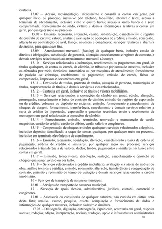 20
custódia.
15.07 – Acesso, movimentação, atendimento e consulta a contas em geral, por
qualquer meio ou processo, inclusive por telefone, fac-símile, internet e telex, acesso a
terminais de atendimento, inclusive vinte e quatro horas; acesso a outro banco e a rede
compartilhada; fornecimento de saldo, extrato e demais informações relativas a contas em
geral, por qualquer meio ou processo.
15.08 - Emissão, reemissão, alteração, cessão, substituição, cancelamento e registro
de contrato de crédito; estudo, análise e avaliação de operações de crédito; emissão, concessão,
alteração ou contratação de aval, fiança, anuência e congêneres; serviços relativos a abertura
de crédito, para quaisquer fins.
15.09 – Arrendamento mercantil (leasing) de quaisquer bens, inclusive cessão de
direitos e obrigações, substituição de garantia, alteração, cancelamento e registro de contrato, e
demais serviços relacionados ao arrendamento mercantil (leasing).
15.10 – Serviços relacionados a cobranças, recebimentos ou pagamentos em geral, de
títulos quaisquer, de contas ou carnês, de câmbio, de tributos e por conta de terceiros, inclusive
os efetuados por meio eletrônico, automático ou por máquinas de atendimento; fornecimento
de posição de cobrança, recebimento ou pagamento; emissão de carnês, fichas de
compensação, impressos e documentos em geral.
15.11 – Devolução de títulos, protesto de títulos, sustação de protesto, manutenção de
títulos, reapresentação de títulos, e demais serviços a eles relacionados.
15.12 – Custódia em geral, inclusive de títulos e valores mobiliários.
15.13 – Serviços relacionados a operações de câmbio em geral, edição, alteração,
prorrogação, cancelamento e baixa de contrato de câmbio; emissão de registro de exportação
ou de crédito; cobrança ou depósito no exterior; emissão, fornecimento e cancelamento de
cheques de viagem; fornecimento, transferência, cancelamento e demais serviços relativos a
carta de crédito de importação, exportação e garantias recebidas; envio e recebimento de
mensagens em geral relacionadas a operações de câmbio.
15.14 – Fornecimento, emissão, reemissão, renovação e manutenção de cartão
magnético, cartão de crédito, cartão de débito, cartão salário e congêneres.
15.15 – Compensação de cheques e títulos quaisquer; serviços relacionados a depósito,
inclusive depósito identificado, a saque de contas quaisquer, por qualquer meio ou processo,
inclusive em terminais eletrônicos e de atendimento.
15.16 – Emissão, reemissão, liquidação, alteração, cancelamento e baixa de ordens de
pagamento, ordens de crédito e similares, por qualquer meio ou processo; serviços
relacionados à transferência de valores, dados, fundos, pagamentos e similares, inclusive entre
contas em geral.
15.17 – Emissão, fornecimento, devolução, sustação, cancelamento e oposição de
cheques quaisquer, avulso ou por talão.
15.18 – Serviços relacionados a crédito imobiliário, avaliação e vistoria de imóvel ou
obra, análise técnica e jurídica, emissão, reemissão, alteração, transferência e renegociação de
contrato, emissão e reemissão do termo de quitação e demais serviços relacionados a crédito
imobiliário.
16 – Serviços de transporte de natureza municipal.
16.01 – Serviços de transporte de natureza municipal.
17 – Serviços de apoio técnico, administrativo, jurídico, contábil, comercial e
congêneres.
17.01 – Assessoria ou consultoria de qualquer natureza, não contida em outros itens
desta lista; análise, exame, pesquisa, coleta, compilação e fornecimento de dados e
informações de qualquer natureza, inclusive cadastro e similares.
17.02 – Datilografia, digitação, estenografia, expediente, secretaria em geral, resposta
audível, redação, edição, interpretação, revisão, tradução, apoio e infraestrutura administrativa
 