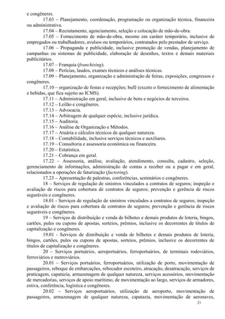 21
e congêneres.
17.03 – Planejamento, coordenação, programação ou organização técnica, financeira
ou administrativa.
17.04 – Recrutamento, agenciamento, seleção e colocação de mão-de-obra.
17.05 – Fornecimento de mão-de-obra, mesmo em caráter temporário, inclusive de
empregados ou trabalhadores, avulsos ou temporários, contratados pelo prestador de serviço.
17.06 – Propaganda e publicidade, inclusive promoção de vendas, planejamento de
campanhas ou sistemas de publicidade, elaboração de desenhos, textos e demais materiais
publicitários.
17.07 – Franquia (franchising).
17.08 – Perícias, laudos, exames técnicos e análises técnicas.
17.09 – Planejamento, organização e administração de feiras, exposições, congressos e
congêneres.
17.10 – organização de festas e recepções; bufê (exceto o fornecimento de alimentação
e bebidas, que fica sujeito ao ICMS).
17.11 – Administração em geral, inclusive de bens e negócios de terceiros.
17.12 – Leilão e congêneres.
17.13 – Advocacia.
17.14 – Arbitragem de qualquer espécie, inclusive jurídica.
17.15 – Auditoria.
17.16 – Análise de Organização e Métodos.
17.17 – Atuária e cálculos técnicos de qualquer natureza.
17.18 – Contabilidade, inclusive serviços técnicos e auxiliares.
17.19 – Consultoria e assessoria econômica ou financeira.
17.20 – Estatística.
17.21 – Cobrança em geral.
17.22 – Assessoria, análise, avaliação, atendimento, consulta, cadastro, seleção,
gerenciamento de informações, administração de contas a receber ou a pagar e em geral,
relacionados a operações de faturização (factoring).
17.23 – Apresentação de palestras, conferências, seminários e congêneres.
18 – Serviços de regulação de sinistros vinculados a contratos de seguros; inspeção e
avaliação de riscos para cobertura de contratos de seguros; prevenção e gerência de riscos
seguráveis e congêneres.
18.01 - Serviços de regulação de sinistros vinculados a contratos de seguros; inspeção
e avaliação de riscos para cobertura de contratos de seguros; prevenção e gerência de riscos
seguráveis e congêneres.
19 – Serviços de distribuição e venda de bilhetes e demais produtos de loteria, bingos,
cartões, pules ou cupons de apostas, sorteios, prêmios, inclusive os decorrentes de títulos de
capitalização e congêneres.
19.01 - Serviços de distribuição e venda de bilhetes e demais produtos de loteria,
bingos, cartões, pules ou cupons de apostas, sorteios, prêmios, inclusive os decorrentes de
títulos de capitalização e congêneres.
20 – Serviços portuários, aeroportuários, ferroportuários, de terminais rodoviários,
ferroviários e metroviários.
20.01 – Serviços portuários, ferroportuários, utilização de porto, movimentação de
passageiros, reboque de embarcações, rebocador escoteiro, atracação, desatracação, serviços de
praticagem, capatazia, armazenagem de qualquer natureza, serviços acessórios, movimentação
de mercadorias, serviços de apoio marítimo, de movimentação ao largo, serviços de armadores,
estiva, conferência, logística e congêneres.
20.02 – Serviços aeroportuários, utilização de aeroporto, movimentação de
passageiros, armazenagem de qualquer natureza, capatazia, movimentação de aeronaves,
 