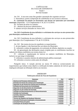 92
CAPÍTULO XII
DA TAXA DE EXPEDIENTE
Seção I
Do Fato Gerador
Art. 261. A taxa tem como fato gerador a prestação dos seguintes serviços:
I - burocráticos, postos à disposição do contribuinte no seu exclusivo interesse;
II - tramitação de petição ou documento, que devam ser apreciados por autoridade
municipal; (Suprimido – Lei Complementar nº 36, de 31/12/2014)
III - lavratura de termo ou contrato;
IV – abertura de processo administrativo
V- demais serviços elencados no Anexo XIV.
Art. 262. Contribuinte da taxa definida é o solicitante dos serviços ou atos promovidos
pelo Município, conforme art. 264.
Art. 262. Contribuinte da taxa definida é o solicitante dos serviços ou atos promovidos
pelo Município. (Lei Complementar nº 36, de 31/12/2014)
Art. 263. São isentos da taxa de expediente os requerimentos:
I - de atos ligados à vida funcional dos servidores do Município;
II - referentes a ordens de pagamento, de restituição de tributos, depósitos ou caução;
III - de apresentação das declarações anuais exigidas para os contribuintes inscritos no
cadastro de tributos mobiliários nos termos desta Lei;
IV - referente à regularização de imóveis no cadastro imobiliário do Município,
inclusive no que tange à titularidade;
V- referentes a assuntos internos da administração pública municipal;
VI- referentes a recursos contra autos de infração.
Parágrafo único. A isenção prevista no inciso IV refere-se exclusivamente aos
requerimentos que tenham como objetivo a retificação de dados cadastrais de imóveis que não
impliquem alteração na tributação relativa aos mesmos.
ANEXO XIV
Tabela para cálculo da Taxa de Expediente
Natureza Ref. UPFM
Abertura de Processo Administrativo unidade 5
Emissão de Alvará de Licença para localização unidade 5
Segunda via de Alvará de Licença para localização unidade 20
Emissão de Documento de Arrecadação Unidade 5
Segunda via de Documento de Arrecadação unidade 10
Segunda via de Cartão de Inscrição unidade 20
Certidão de Desmembramento ou Remembramento unidade 20
Certidão de Averbação unidade 20
Certidão referente a Tributos unidade 20
Outras Certidões unidade 20
Termos de Registro de Qualquer Natureza unidade 20
Consulta Prévia para localização e funcionamento unidade 10
Consulta Prévia em geral unidade 10
Averbação de Qualquer Natureza unidade 50
 