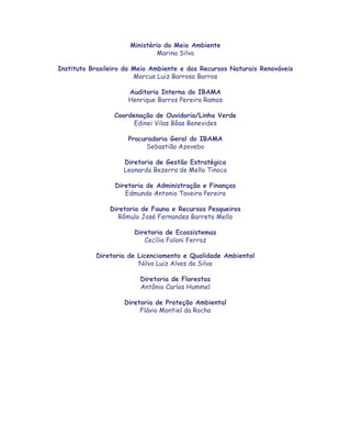 Ministério do Meio Ambiente
                              Marina Silva

Instituto Brasileiro do Meio Ambiente e dos Recursos Naturais Renováveis
                        Marcus Luiz Barroso Barros

                     Auditoria Interna do IBAMA
                     Henrique Barros Pereira Ramos

                 Coordenação de Ouvidoria/Linha Verde
                       Edinei Vilas Bôas Benevides

                     Procuradoria Geral do IBAMA
                           Sebastião Azevebo

                    Diretoria de Gestão Estratégica
                    Leonardo Bezerra de Mello Tinoco

                 Diretoria de Administração e Finanças
                    Edmundo Antonio Taveira Pereira

               Diretoria de Fauna e Recursos Pesqueiros
                  Rômulo José Fernandes Barreto Mello

                       Diretoria de Ecossistemas
                          Cecília Foloni Ferraz

           Diretoria de Licenciamento e Qualidade Ambiental
                        Nilvo Luiz Alves da Silva

                         Diretoria de Florestas
                         Antônio Carlos Hummel

                    Diretoria de Proteção Ambiental
                         Flávio Montiel da Rocha
 