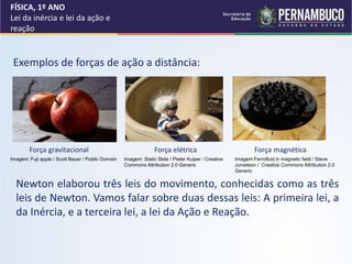 FÍSICA, 1º ANO
Lei da inércia e lei da ação e
reação
Exemplos de forças de ação a distância:
Newton elaborou três leis do movimento, conhecidas como as três
leis de Newton. Vamos falar sobre duas dessas leis: A primeira lei, a
da Inércia, e a terceira lei, a lei da Ação e Reação.
Força gravitacional Força magnética
Força elétrica
Imagem: Fuji apple / Scott Bauer / Public Domain Imagem: Static Slide / Pieter Kuiper / Creative
Commons Attribution 2.0 Generic
Imagem:Ferrofluid in magnetic field / Steve
Jurvetson / Creative Commons Attribution 2.0
Generic
 
