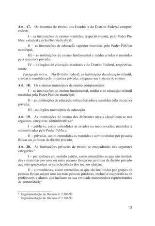 13
Art. 17. Os sistemas de ensino dos Estados e do Distrito Federal compre-
endem:
I – as instituições de ensino mantidas, respectivamente, pelo Poder Pú-
blico estadual e pelo Distrito Federal;
II – as instituições de educação superior mantidas pelo Poder Público
municipal;
III – as instituições de ensino fundamental e médio criadas e mantidas
pela iniciativa privada;
IV – os órgãos de educação estaduais e do Distrito Federal, respectiva-
mente.
Parágrafo único. No Distrito Federal, as instituições de educação infantil,
criadas e mantidas pela iniciativa privada, integram seu sistema de ensino.
Art. 18. Os sistemas municipais de ensino compreendem:
I – as instituições do ensino fundamental, médio e de educação infantil
mantidas pelo Poder Público municipal;
II – as instituições de educação infantil criadas e mantidas pela iniciativa
privada;
III – os órgãos municipais de educação.
Art. 19. As instituições de ensino dos diferentes níveis classificam-se nas
seguintes categorias administrativas:4
I – públicas, assim entendidas as criadas ou incorporadas, mantidas e
administradas pelo Poder Público;
II – privadas, assim entendidas as mantidas e administradas por pessoas
físicas ou jurídicas de direito privado.
Art. 20. As instituições privadas de ensino se enquadrarão nas seguintes
categorias:5
I – particulares em sentido estrito, assim entendidas as que são instituí-
das e mantidas por uma ou mais pessoas físicas ou jurídicas de direito privado
que não apresentem as características dos incisos abaixo;
II – comunitárias, assim entendidas as que são instituídas por grupos de
pessoas físicas ou por uma ou mais pessoas jurídicas, inclusive cooperativas de
professores e alunos que incluam na sua entidade mantenedora representantes
da comunidade;
4
Regulamentação do Decreto no
2.306/97.
5
Regulamentação do Decreto no
2.306/97.
 