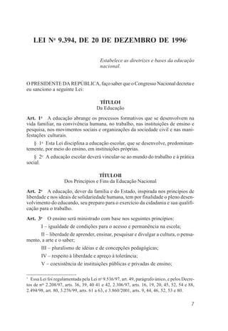 7
LEI No
9.394, DE 20 DE DEZEMBRO DE 19961
Estabelece as diretrizes e bases da educação
nacional.
O PRESIDENTE DA REPÚBLICA, faço saber que o Congresso Nacional decreta e
eu sanciono a seguinte Lei:
TÍTULOI
Da Educação
Art. 1o
A educação abrange os processos formativos que se desenvolvem na
vida familiar, na convivência humana, no trabalho, nas instituições de ensino e
pesquisa, nos movimentos sociais e organizações da sociedade civil e nas mani-
festações culturais.
§ 1o
Esta Lei disciplina a educação escolar, que se desenvolve, predominan-
temente, por meio do ensino, em instituições próprias.
§ 2o
A educação escolar deverá vincular-se ao mundo do trabalho e à prática
social.
TÍTULOII
Dos Princípios e Fins da Educação Nacional
Art. 2o
A educação, dever da família e do Estado, inspirada nos princípios de
liberdade e nos ideais de solidariedade humana, tem por finalidade o pleno desen-
volvimento do educando, seu preparo para o exercício da cidadania e sua qualifi-
cação para o trabalho.
Art. 3o
O ensino será ministrado com base nos seguintes princípios:
I – igualdade de condições para o acesso e permanência na escola;
II – liberdade de aprender, ensinar, pesquisar e divulgar a cultura, o pensa-
mento, a arte e o saber;
III – pluralismo de idéias e de concepções pedagógicas;
IV – respeito à liberdade e apreço à tolerância;
V – coexistência de instituições públicas e privadas de ensino;
1
Essa Lei foi regulamentada pela Lei no
9.536/97, art. 49, parágrafo único, e pelos Decre-
tos de nos
2.208/97, arts. 36, 39, 40 41 e 42, 2.306/97, arts. 16, 19, 20, 45, 52, 54 e 88,
2.494/98, art. 80, 3.276/99, arts. 61 a 63, e 3.860/2001, arts. 9, 44, 46, 52, 53 e 80.
 