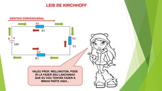 SENTIDO CONVENCIONAL
+
VALEU PROF. WELLINGTON, PODE
IR LÁ FAZER SEU LANCHINHO
QUE EU VOU TENTAR FAZER A
MINHA PARTE AQUI...
LEIS DE KIRCHHOFF
 