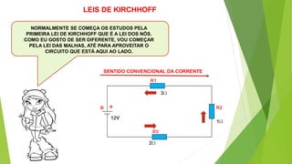 NORMALMENTE SE COMEÇA OS ESTUDOS PELA
PRIMEIRA LEI DE KIRCHHOFF QUE É A LEI DOS NÓS.
COMO EU GOSTO DE SER DIFERENTE, VOU COMEÇAR
PELA LEI DAS MALHAS, ATÉ PARA APROVEITAR O
CIRCUITO QUE ESTÁ AQUI AO LADO.
SENTIDO CONVENCIONAL DA CORRENTE
+
LEIS DE KIRCHHOFF
 