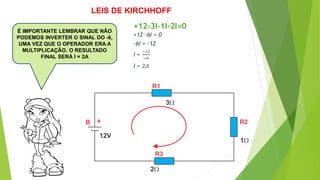 É IMPORTANTE LEMBRAR QUE NÃO
PODEMOS INVERTER O SINAL DO -6,
UMA VEZ QUE O OPERADOR ERA A
MULTIPLICAÇÃO. O RESULTADO
FINAL SERÁ I = 2A
+
+12-3I-1I-2I=0
+12 -6I = 0
-6I = -12
LEIS DE KIRCHHOFF
I =
−12
−6
I = 2𝐴
 