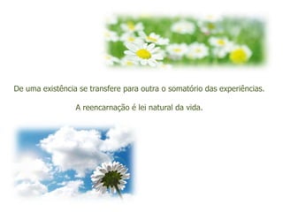 De uma existência se transfere para outra o somatório das experiências.

                 A reencarnação é lei natural da vida.
 
