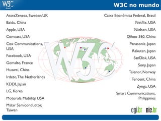 W3C no mundo
AstraZeneca, Sweden/UK	

    Caixa Econômica Federal, Brasil
                                                           	

Baidu, China	

                                  Netﬂix, USA	

Apple, USA	

                                   Nielsen, USA	

Comcast, USA	

                            Qihoo 360, China
                                                          	

Cox Communications,                          Panasonic, Japan
                                                            	

USA	

                                               Rakuten, Japan
                                                            	

Facebook, USA	

                                                SanDisk, USA	

Gemalto, France	

                                                   Sony, Japan
                                                             	

Huawei, China	

                                            Telenor, Norway
                                                          	

Irdeto, The Netherlands	

                                              Tencent, China
                                                           	

KDDI, Japan	

                                                  Zynga, USA	

LG, Korea	

                                    Smart Communications,
Motorola Mobility, USA	

                     Philippines
                                                        	

Mstar Semiconductor,
Taiwan	

	

 