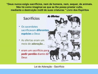 Lei de Adoração - Sacrifício
“Deus nunca exigiu sacrifícios, nem de homens, nem, sequer, de animais.
Não há como imaginar-se que se lhe possa prestar culto,
mediante a destruição inútil de suas criaturas.” Livro dos Espíritos
 