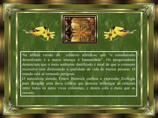Na última versão do relatório afirma-se que “o consumismo
desenfreado é a maior ameaça à humanidade”. Os pesquisadores
denunciam que o meio ambiente danificado é sinal de que o consumo
excessivo está diminuindo a qualidade de vida de muitas pessoas. O
mundo está se tornando perigoso.
O naturalista alemão Ernest Heinrich cunhou a expressão Ecologia
para designar uma nova ciência que procura investigar as relações
entre todos os seres vivos existentes, e destes com o meio que os
cercam.
 
