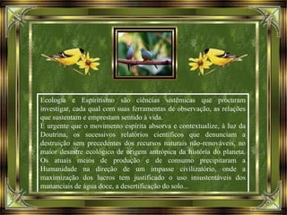 Ecologia e Espiritismo são ciências sistêmicas que procuram
investigar, cada qual com suas ferramentas de observação, as relações
que sustentam e emprestam sentido à vida.
É urgente que o movimento espírita absorva e contextualize, à luz da
Doutrina, os sucessivos relatórios científicos que denunciam a
destruição sem precedentes dos recursos naturais não-renováveis, no
maior desastre ecológico de origem antrópica da história do planeta.
Os atuais meios de produção e de consumo precipitaram a
Humanidade na direção de um impasse civilizatório, onde a
maximização dos lucros tem justificado o uso insustentáveis dos
mananciais de água doce, a desertificação do solo...
 