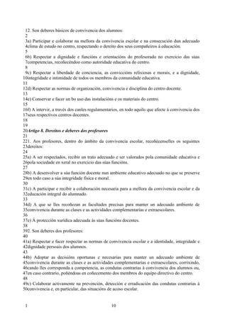 12. Son deberes básicos de convivencia dos alumnos:
 2
 3a) Participar e colaborar na mellora da convivencia escolar e na consecución dun adecuado
 4clima de estudo no centro, respectando o dereito dos seus compañeiros á educación.
 5
 6b) Respectar a dignidade e funcións e orientacións do profesorado no exercicio das súas
 7competencias, recoñecéndoo como autoridade educativa do centro.
 8
 9c) Respectar a liberdade de conciencia, as conviccións relixiosas e morais, e a dignidade,
10integridade e intimidade de todos os membros da comunidade educativa.
11
12d) Respectar as normas de organización, convivencia e disciplina do centro docente.
13
14e) Conservar e facer un bo uso das instalacións e os materiais do centro.
15
16f) A intervir, a través dos canles regulamentarios, en todo aquilo que afecte á convivencia dos
17seus respectivos centros docentes.
18
19
20Artigo 8. Dereitos e deberes dos profesores
21
221. Aos profesores, dentro do ámbito da convivencia escolar, recoñécenselles os seguintes
23dereitos:
24
25a) A ser respectados, recibir un trato adecuado e ser valorados pola comunidade educativa e
26pola sociedade en xeral no exercicio das súas funcións.
27
28b) A desenvolver a súa función docente nun ambiente educativo adecuado no que se preserve
29en todo caso a súa integridade física e moral.
30
31c) A participar e recibir a colaboración necesaria para a mellora da convivencia escolar e da
32educación integral do alumnado.
33
34d) A que se lles recoñezan as facultades precisas para manter un adecuado ambiente de
35convivencia durante as clases e as actividades complementarias e extraescolares.
36
37e) Á protección xurídica adecuada ás súas funcións docentes.
38
392. Son deberes dos profesores:
40
41a) Respectar e facer respectar as normas de convivencia escolar e a identidade, integridade e
42dignidade persoais dos alumnos.
43
44b) Adoptar as decisións oportunas e necesarias para manter un adecuado ambiente de
45convivencia durante as clases e as actividades complementarias e extraescolares, corrixindo,
46cando lles corresponda a competencia, as condutas contrarias á convivencia dos alumnos ou,
47en caso contrario, poñéndoas en coñecemento dos membros do equipo directivo do centro.
48
49c) Colaborar activamente na prevención, detección e erradicación das condutas contrarias á
50convivencia e, en particular, das situacións de acoso escolar.


 1                                              10
 