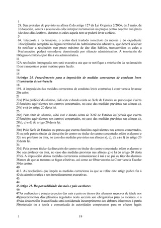 1
 28. Sen prexuízo do previsto na alínea f) do artigo 127 da Lei Orgánica 2/2006, de 3 maio, de
 3Educación, contra a resolución cabe interpor reclamación no propio centro docente nun prazo
 4de dous días lectivos, durante os cales aquela non se poderá levar a efecto.
 5
 69. Interposta a reclamación, o centro dará traslado inmediato da mesma e do expediente
 7disciplinario completo ao órgano territorial da Administración educativa, que deberá resolver
 8e notificar a resolución nun prazo máximo de dez días hábiles, transcorridos os cales a
 9reclamación poderá entenderse desestimada por silencio administrativo. A resolución do
10órgano territorial pon fin á vía administrativa.
11
12A resolución impugnada non será executiva ata que se notifique a resolución da reclamación
13ou transcorra o prazo máximo para facelo.
14
15
16Artigo 24. Procedemento para a imposición de medidas correctoras de condutas leves
17contrarias á convivencia
18
191. A imposición das medidas correctoras de condutas leves contrarias á convivencia levarase
20a cabo:
21
22a) Polo profesor do alumno, oído este e dando conta ao Xefe de Estudos ou persoa que exerza
23funcións equivalentes nos centros concertados, no caso das medidas previstas nas alíneas a),
24b) e c) do artigo 20 desta lei.
25
26b) Polo titor do alumno, oído este e dando conta ao Xefe de Estudos ou persoa que exerza
27funcións equivalentes nos centros concertados, no caso das medidas previstas nas alíneas a),
28b), c) e d) do artigo 20 desta lei.
29
30c) Polo Xefe de Estudos ou persoa que exerza funcións equivalentes nos centros concertados,
31ou pola persoa titular da dirección do centro ou titular do centro concertado, oídos o alumno e
32o seu profesor ou titor, no caso das medidas previstas nas alíneas a), c), d), e) e f) do artigo 20
33desta lei.
34
35d) Pola persoa titular da dirección do centro ou titular do centro concertado, oídos o alumno e
36o seu profesor ou titor, no caso das medidas previstas nas alíneas g) e h) do artigo 20 desta
37lei. A imposición destas medidas correctoras comunicarase á nai e ao pai ou titor do alumnos
38antes de que as mesmas se fagan efectivas, así como ao Observatorio da Convivencia Escolar
39do centro.
40
412. As resolucións que impón as medidas correctoras ás que se refire este artigo poñen fin á
42vía administrativa e son inmediatamente executivas.
43
44
45Artigo 25. Responsabilidade das nais e pais ou titores
46
47As audiencias e comparecencias das nais e pais ou titores dos alumnos menores de idade nos
48procedementos disciplinarios regulados nesta sección son obrigatorias para os mesmos, e a
49súa desatención inxustificada será considerada incumprimento dos deberes inherentes á patria
50potestade ou a tutela e comunicada ás autoridades competentes para os efectos legais


 1                                                19
 