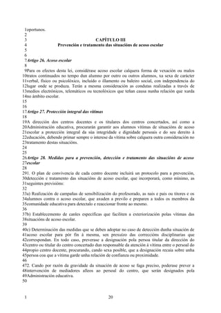 1oportunos.
 2
 3                                       CAPÍTULO III
 4                   Prevención e tratamento das situacións de acoso escolar
 5
 6
 7Artigo 26. Acoso escolar
 8
 9Para os efectos desta lei, considérase acoso escolar calquera forma de vexación ou malos
10tratos continuados no tempo dun alumno por outro ou outros alumnos, xa sexa de carácter
11verbal, físico ou psicolóxico, incluído o illamento ou baleiro social, con independencia do
12lugar onde se produza. Terán a mesma consideración as condutas realizadas a través de
13medios electrónicos, telemáticos ou tecnolóxicos que teñan causa nunha relación que xurda
14no ámbito escolar.
15
16
17Artigo 27. Protección integral das vítimas
18
19A dirección dos centros docentes e os titulares dos centros concertados, así como a
20Administración educativa, procurarán garantir aos alumnos vítimas de situacións de acoso
21escolar a protección integral da súa integridade e dignidade persoais e do seu dereito á
22educación, debendo primar sempre o interese da vítima sobre calquera outra consideración no
23tratamento destas situacións.
24
25
26Artigo 28. Medidas para a prevención, detección e tratamento das situacións de acoso
27escolar
28
291. O plan de convivencia de cada centro docente incluirá un protocolo para a prevención,
30detección e tratamento das situacións de acoso escolar, que incorporará, como mínimo, as
31seguintes previsións:
32
33a) Realización de campañas de sensibilización do profesorado, as nais e pais ou titores e os
34alumnos contra o acoso escolar, que axuden a previlo e preparen a todos os membros da
35comunidade educativa para detectalo e reaccionar fronte ao mesmo.
36
37b) Establecemento de canles específicas que faciliten a exteriorización polas vítimas das
38situacións de acoso escolar.
39
40c) Determinación das medidas que se deben adoptar no caso de detección dunha situación de
41acoso escolar para pór fin á mesma, sen prexuízo das correccións disciplinarias que
42correspondan. En todo caso, preverase a designación pola persoa titular da dirección do
43centro ou titular do centro concertado dun responsable da atención á vítima entre o persoal do
44propio centro docente, procurando, cando sexa posible, que a designación recaia sobre unha
45persoa coa que a vítima garde unha relación de confianza ou proximidade.
46
472. Cando por razón da gravidade da situación de acoso se faga preciso, poderase prever a
48intervención de mediadores alleos ao persoal do centro, que serán designados pola
49Administración educativa.
50


 1                                             20
 