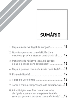 1. O que é reserva legal de cargos?.................. 11
2. Quantas pessoas com deficiência a
empresa precisa manter contratadas?......... 12
3. Para fins de reserva legal de cargos,
o que é pessoa com deficiência?.................... 13
4. O que é pessoa com deficiência habilitada?......16
5. E a reabilitada?.............................................. 17
6. Tipos de Deficiência....................................... 18
7. Como é feita a comprovação da deficiência?....18
8. A instituição sem fins lucrativos está
obrigada a preencher um percentual de
seus cargos com pessoas com deficiência?.....19
Sumário
 