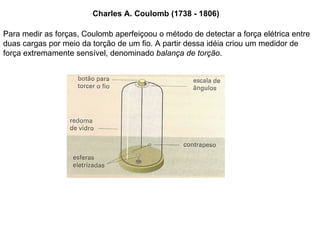Para medir as forças, Coulomb aperfeiçoou o método de detectar a força elétrica entre duas cargas por meio da torção de um fio. A partir dessa idéia criou um medidor de força extremamente sensível, denominado  balança de torção .  Charles A. Coulomb (1738 - 1806) 