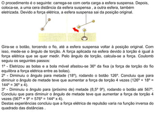 O procedimento é o seguinte: carrega-se com certa carga a esfera suspensa. Depois, coloca-se, a uma cera distância da esfera suspensa , a outra esfera, também eletrizada. Devido a força elétrica, a esfera suspensa sai da posição original. Gira-se o botão, torcendo o fio, até a esfera suspensa voltar à posição original. Com isso, mede-se o ângulo de torção. A força aplicada na esfera devido à torção é igual à força elétrica que se quer medir. Pelo ângulo de torção, calcula-se a força. Coulomb seguiu os seguintes passos: 1º - Eletrizou as bolas e a bola móvel afastou-se 36º da fixa (a força de torção do fio equilibra a força elétrica entre as bolas). 2º - Diminuiu o ângulo para metade (18º), rodando o botão 126º. Concluiu que para diminuir o ângulo de metade teve que aumentar a força de torção 4 vezes (126º + 18º = 144º = 36º x 4). 3º - Diminuiu o ângulo para (próximo de) metade (8,5º 9º), rodando o botão até 567º. Concluiu que para diminuir o ângulo de metade teve que aumentar a força de torção 4 vezes (567º + 9º = 576º = 144º x 4). Destas experiências concluiu que a força elétrica de repulsão varia na função inversa do quadrado das distâncias . 