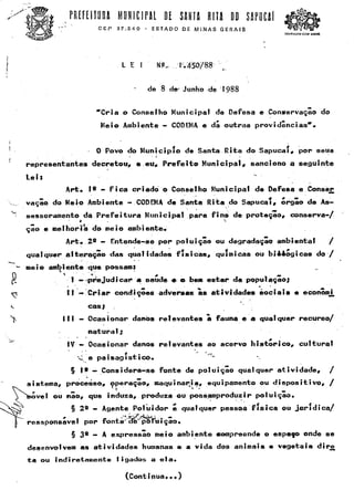 Lei de Criação do CODEMA de Santa Rita do Sapucaí - MG - Lei Nº. 1.450/88 de 08 de junho de 1988