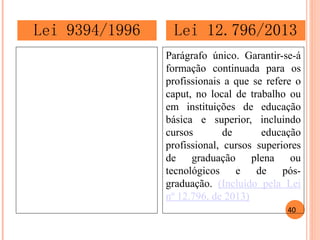 Parágrafo único. Garantir-se-á formação continuada para os profissionais a que se refere o caput, no local de trabalho ou em instituições de educação básica e superior, incluindo cursos de educação profissional, cursos superiores de graduação plena ou tecnológicos e de pós- graduação. (Incluído pela Lei nº 12.796, de 2013) 
Lei 9394/1996 
Lei 12.796/2013 
40  